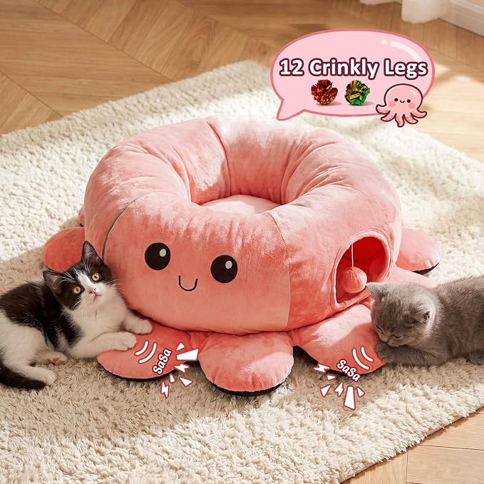 Cat Tunnel Bed with 20 Cat Toys, Collapsible Play Tunnel for Indoor Cats, Kitten Toys for Indoor Kittens, Octopus Shaped - Image 6