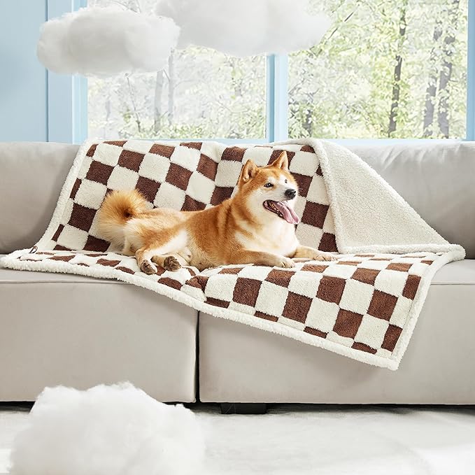 LE SURE Waterproof Dog Blankets for Large Dogs Cute Cozy 3D Jacquard,40x50 | Warm Soft Pet Blanket for Senior Dogs Aesthetic Gift, Washable Sherpa Throw, Reversible Couch Protector, Brown Checks - Image 2