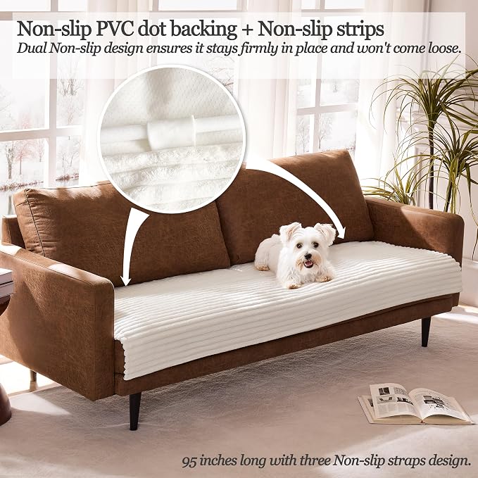 Dual Non-Slip Couch Cover for Dogs Waterproof, Fuzzy Soft Pet Couch Covers for Sofa 3 Cushion, Pet Friendly Soft Dog Bed Covers Sofa Cover Washable (White, 33" x 95" 1 Pack) - Image 2