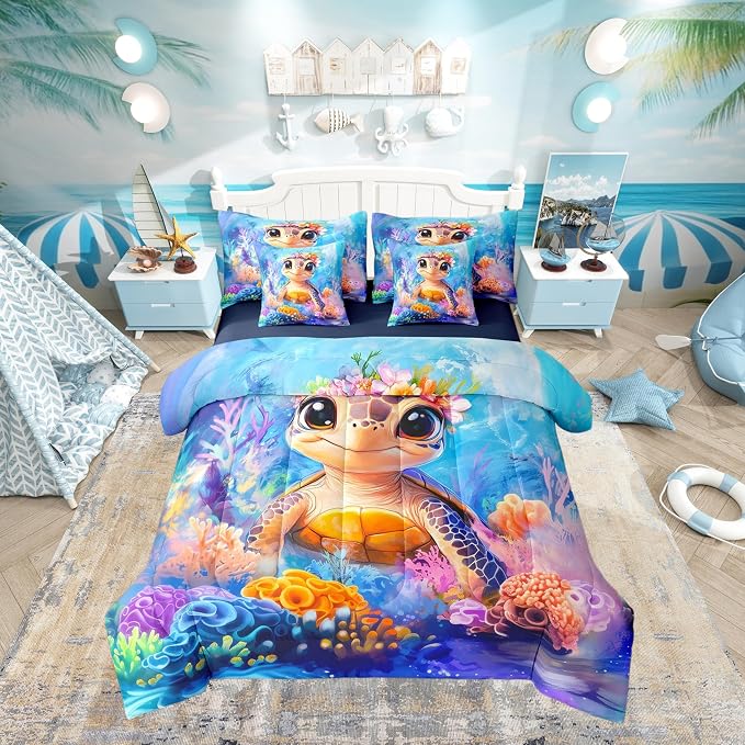 Erosebridal Lovely Turtle King Size 7-Piece Bedding Set for Home, Reptile Tortoise Bed in A Bag, Underwater World Sea Animal Comforter Set with Sheets, Colourful Coral Bedding Comforter Sets by Erosebridal