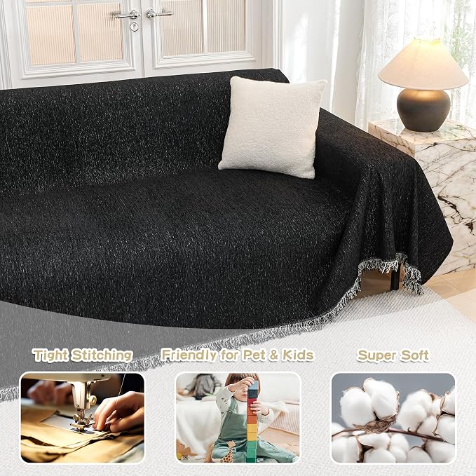MYSKY HOME Black Chenille Sofa Slipcover Couch Covers for Sectional l Shaped Couch Pets Protector Furniture Covers Futon Cover Super Soft Washable Decorative Couch Covers for 3 Cushion, 91"x118" - Image 2