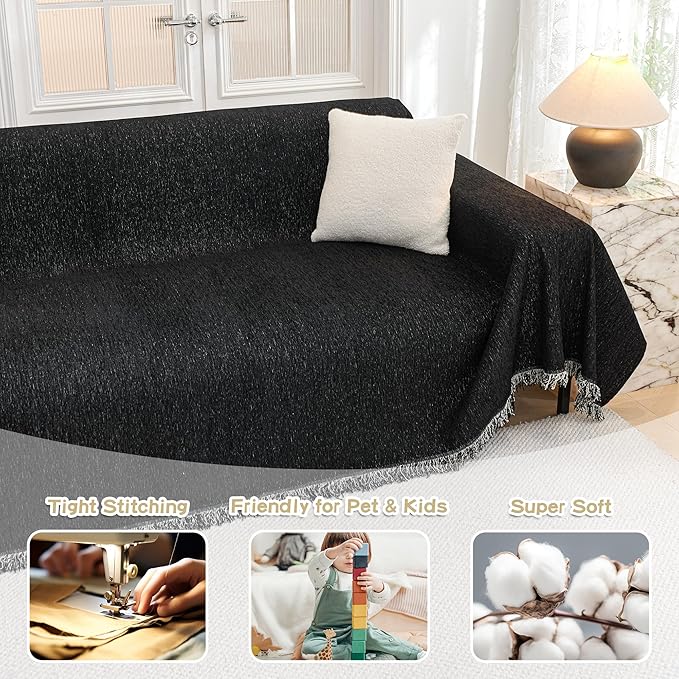 MYSKY HOME Black Chenille Sofa Slipcover Couch Covers for Sectional l Shaped Couch Pets Protector Furniture Covers Futon Cover Super Soft Washable Decorative Couch Covers for 3 Cushion, 91"x118" - Image 2