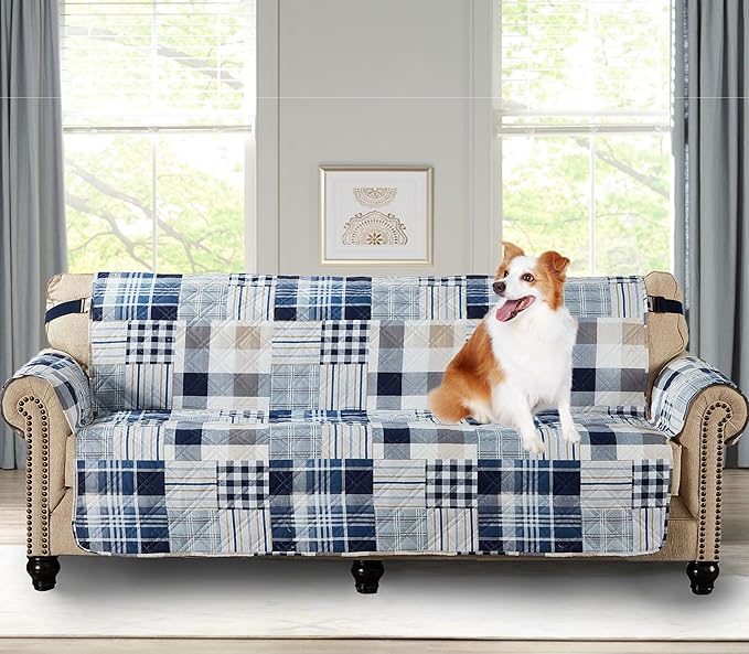 Brilliant Sunshine Blue Plaids & Stripes Patchwork Couch Cover, 78" seat | Non Slip Sofa Cover, Living Room Quilted Furniture Protector, Extra Large Washable Slipcover for Pets, Dogs & Cats by BrilliantSunshine