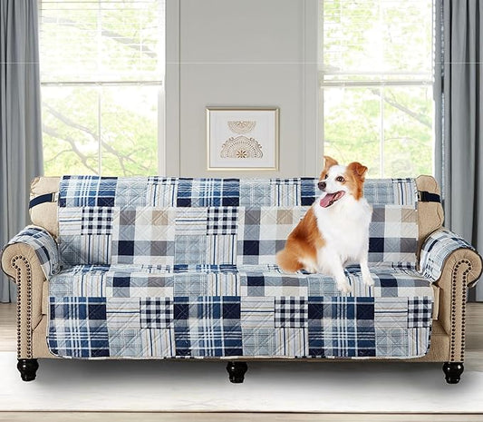 Brilliant Sunshine Blue Plaids & Stripes Patchwork Couch Cover, 78" seat | Non Slip Sofa Cover, Living Room Quilted Furniture Protector, Extra Large Washable Slipcover for Pets, Dogs & Cats by BrilliantSunshine