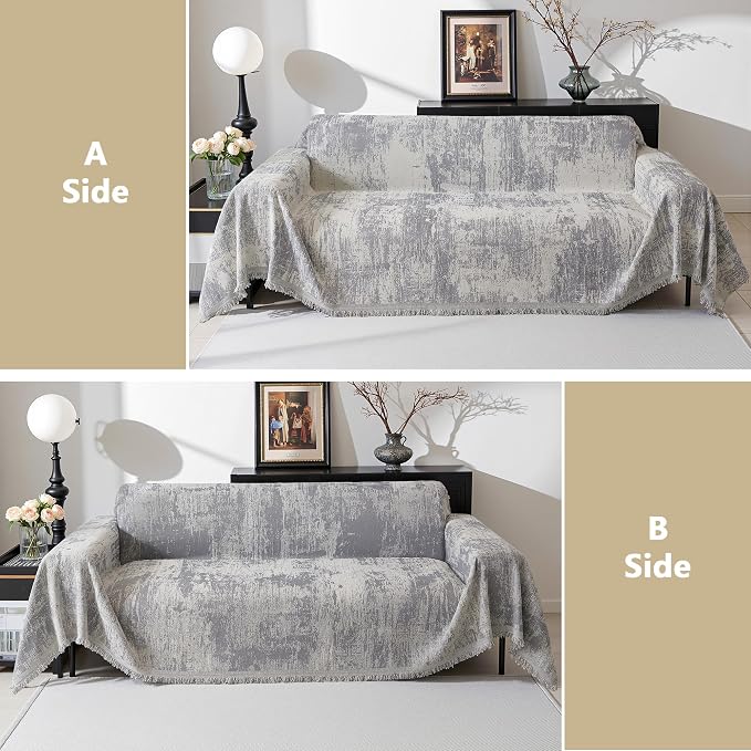 MEETSKY Couch Cover for Sectional Sofa Set Abstract Geometric Chenille Sofa Cover Washable for Dog Friendly, Couch Cover 3 Seat Couch Protector Multi-Use Blanket for Living Room, 91"x150", Light Grey - Image 7