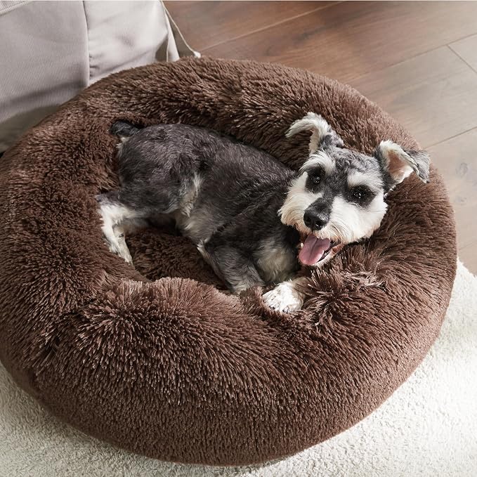 Bedsure Calming Small Dog Bed Donut Washable Cat＆Puppy Bed,23 inches Coffee | Fluffy Faux Fur Round Cuddler,Machine Washable,Anti-Slip Bottom,Anti-Anxiety,Deep Sleeping for Large Cat & Pets Up to 25 Lbs - Image 4