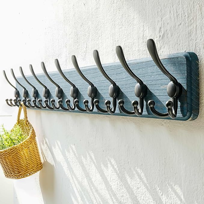 Dseap Coat Rack Wall - Heavy-Duty 38-1/4" Long, with Reinforced 10 Custom Tri-Hooks, Solid Wood Wall Hanger for Coats Hat Jackets - Rustic Farmhouse Entryway Hallway Storage, Weathered Blue & Black - Image 2