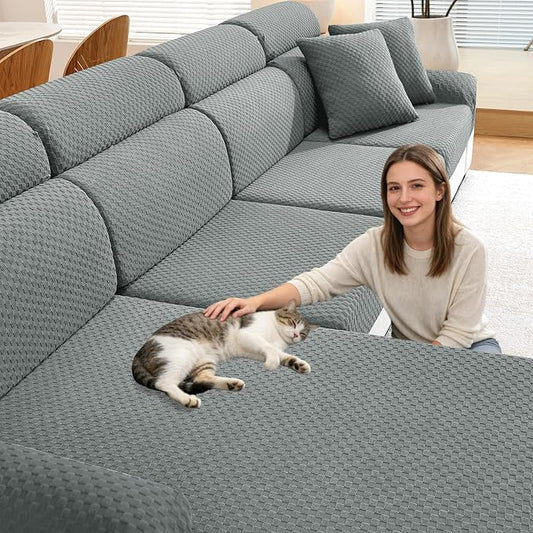 YEMYHOM Couch Cushion Covers for Sofa, Stretch Sectional Couch Seat Cushion Covers Washable Thick Furniture Protector Sofa Slipcovers for Pets (3 Seater + 1 Chaise, Light Gray) by YEMYHOM