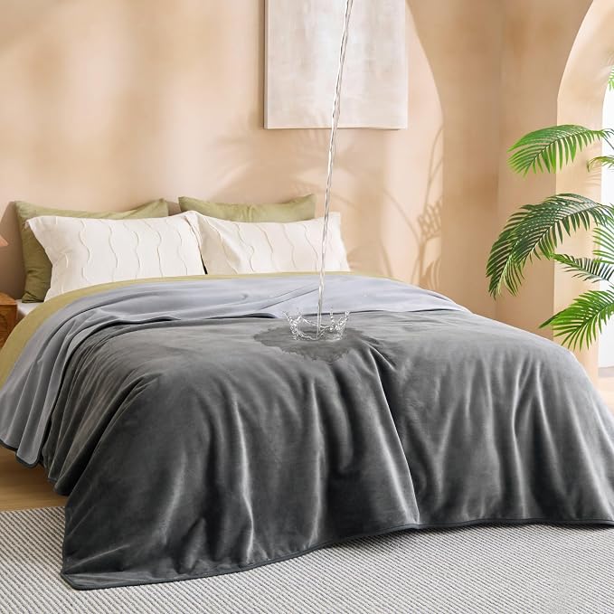 Bedsure Waterproof Blanket for Bed Soft Flannel Fleece, Queen 86"x90" Grey | Dog Blankets for Large Senior Dogs，Couch Cover Throw for Pet Leakproof, Furniture Protector for Travel Camping by BEDSURE