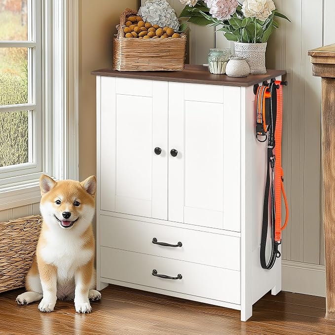 Dog Feeding Station Storage Cabinet: Pet Feeder Container Cabinet with 2 Hidden Raised Dog Bowls Drawers for Feeding & Watering Supplies by Flieghund