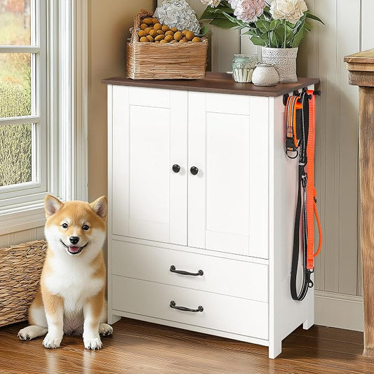 Dog Feeding Station Storage Cabinet: Pet Feeder Container Cabinet with 2 Hidden Raised Dog Bowls Drawers for Feeding & Watering Supplies by Flieghund