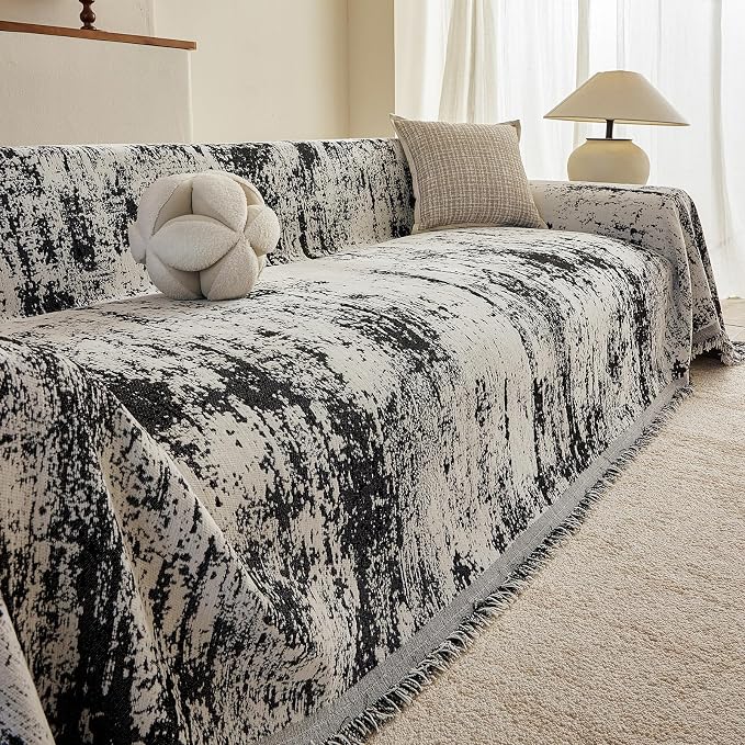 STACYPIK Abstract Geometric Sofa Covers for Sectional,Modern Aesthetics Chenille Couch Cover for 3 Cushion Couch, Non Slip Black & Beige Jacquard Couch Protector for Dogs, Loveseat Slipcover-71X150IN - Image 3