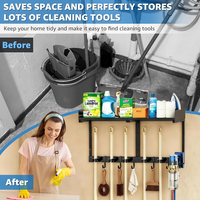27" Mop and Broom Holder Wall Mount with Top Storage Shelf & Hooks,Black | Mop Hanger Wall Mount, 5 Grippers, 5 Hooks, Wall Organizer For Laundry Room, Garage And Kitchen - Image 3