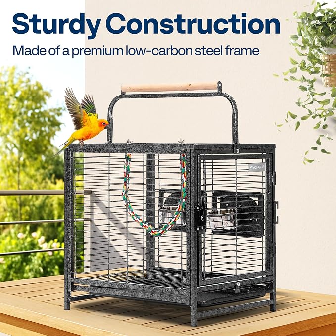 VIVOHOME 19 Inch Wrought Iron Travel Bird Cage for Cockatiel Parakeets | Bird Travel Carrier Cage with Wooden Handle/Perch, Slide-out Tray for Small Parrots Conures Lovebirds Canaries Finches, Black - Image 3