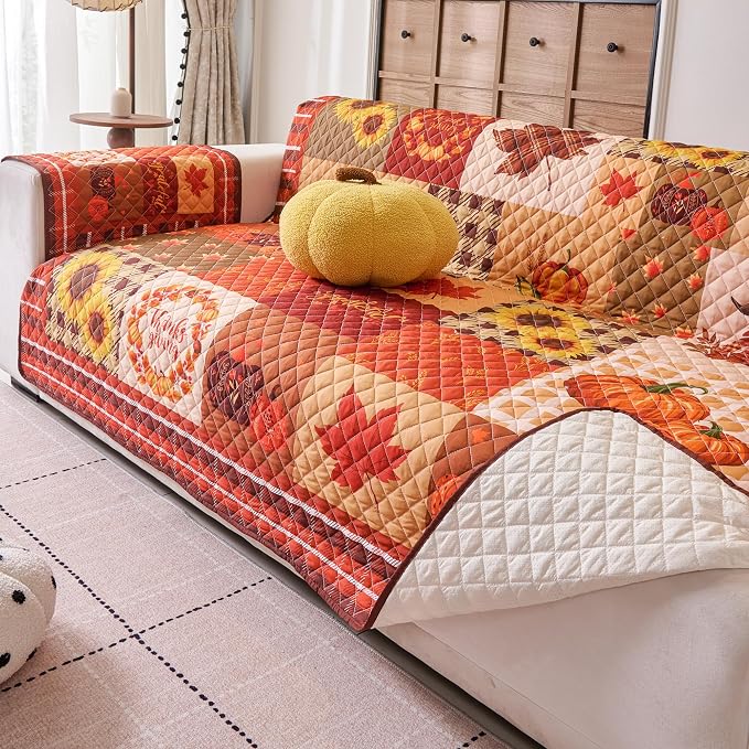EVENHUG Fall Sofa Cover for Festival Home Decorations Thanksgiving Slipcover Furniture Protector Washable Couch Cover with Non Slip and Elastic Straps for Kids Pets Dogs (Sofa) - Image 3