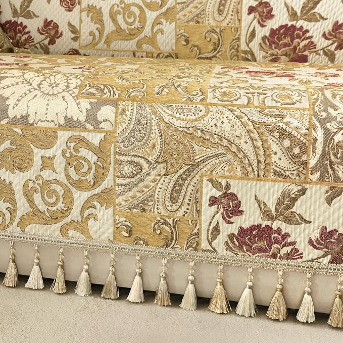 Loom and Mill Sofa Couch Covers Patchwork Design, Beige Yellow, 71"x118" | Luxury Damask Floral Sofa Throw Cover with Tassels for 2-3 Cushion Couch, Sectional Couch Cover Sofa Slipcover for Dogs Pets - Image 4