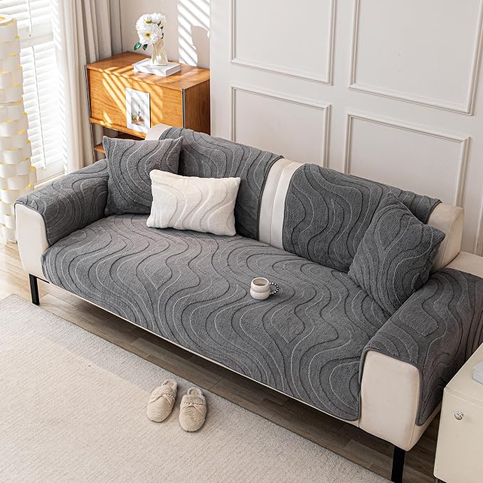 Couch Cover for Dogs, Velvet Fleece Non-Slip Sofa Covers Washable | Sofa Slipcovers for 3 Cushion Couch, Furniture Protector for Pet,L Shaped Sectional Couch Cover Wavy Grey, 36"X94" (1 Pcs) - Image 6