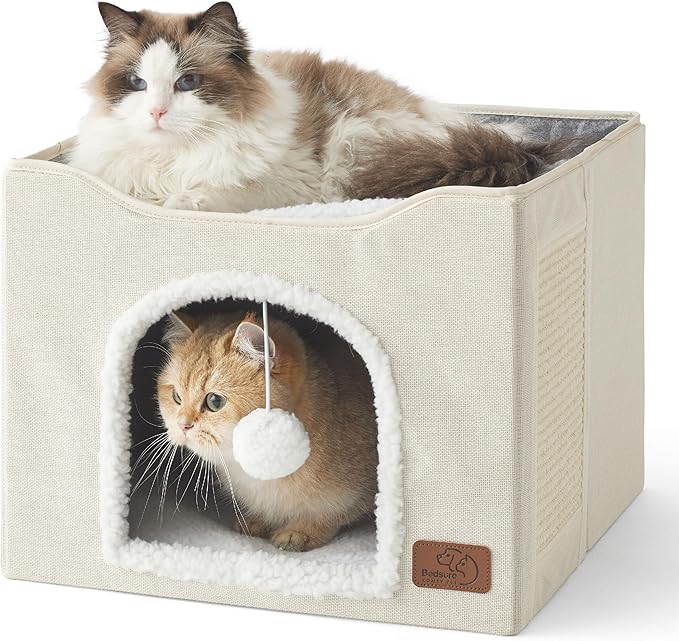 Bedsure Cat House Bed for Indoor Cats with Fluffy Ball and Scratch Pad | Ivory,16.5x16.5x13 in,Large Cat Cave for Multiple Pets,Foldable Cat Hideway Cube for Sleeping Kitten by Unknown