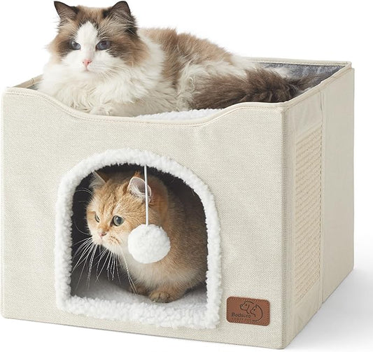 Bedsure Cat House Bed for Indoor Cats with Fluffy Ball and Scratch Pad | Ivory,16.5x16.5x13 in,Large Cat Cave for Multiple Pets,Foldable Cat Hideway Cube for Sleeping Kitten by Unknown