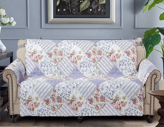 Brilliant Sunshine Rose Violet Floral Loveseat Cover, 54" seat | Patchwork Design, Non Slip Sofa Cover, Quilted Furniture Protector, Large Washable Love Seat Slipcover for Pets, Dogs & Cats by BrilliantSunshine