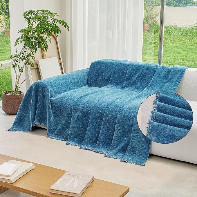 VANJOROY Boho Couch Sofa Cover for 3 Cushion Sectional Sofa L-Shape -Washable Chenille Couch Cover for Dogs Pets, Boho Couch Cover Protector Soft Blue Sofa Slipcovers with Tassel,71"x 134" - Image 7