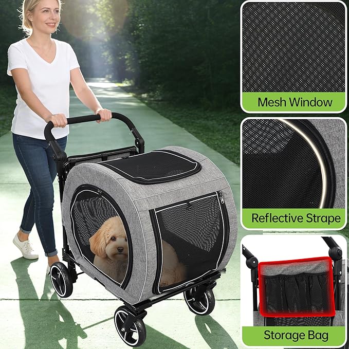 Pet Stroller for Dogs Cats up to 50 lbs, Foldable Dog Stroller with 360° Swivel Wheels, Detachable Carrier, Adjustable Handle, Travel Dog Stroller for Small Medium Large Pets, Gray