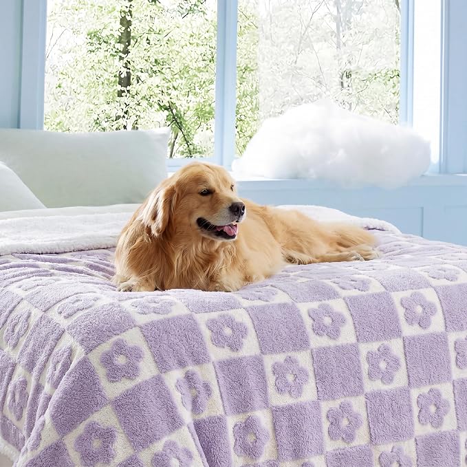 LE SURE Waterproof Blanket for Bed Cute Cozy 3D Jacquard, Twin（60x80） | Dog Blankets for Large Dogs, Pet Aesthetic Gift, Warm Soft Sherpa Throw, Reversible Couch Protector, Lavender Flower Checks - Image 2