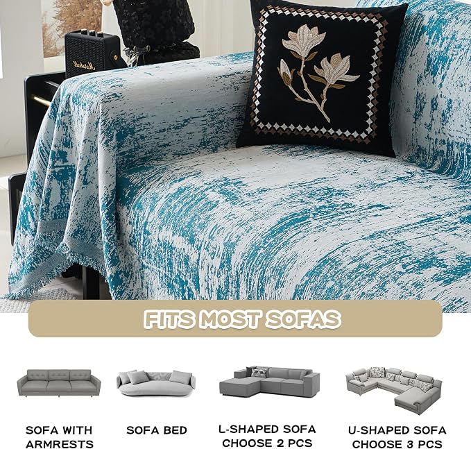 MEETSKY Boho Sofa Cover Sofa Slipcover Thick Chenille Blue Couch Cover for 3-4 Cushion Couch Sofa Reversible Universal Couch Cushion Cover XXL Sofa Protector for Dog Cat, 91"x150" - Image 3