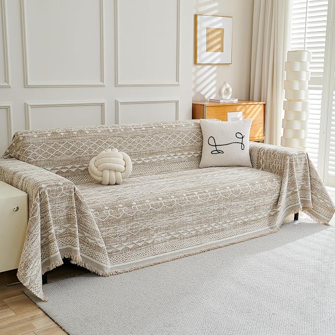 MEETSKY Boho Couch Cover Sofa Slipcover for Sectional Sofa Covers Protector Universal Use Chenille Blend Thick Fabric Washable, Modern Design Sofa Throw Cover for Living Room, 71" x 118", Khaki by MEETSKY