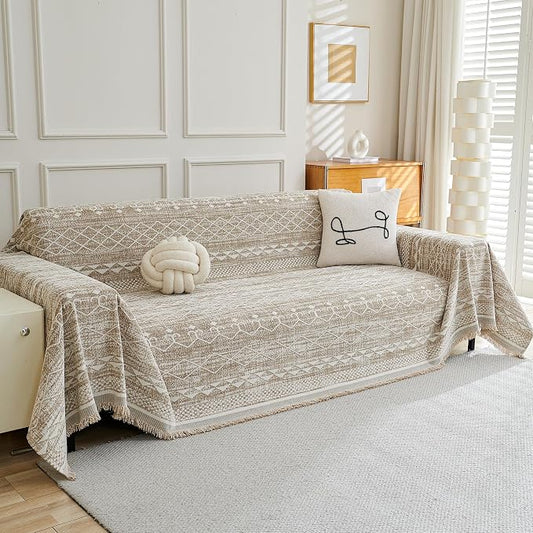 MEETSKY Boho Couch Cover Sofa Slipcover for Sectional Sofa Covers Protector Universal Use Chenille Blend Thick Fabric Washable, Modern Design Sofa Throw Cover for Living Room, 71" x 118", Khaki by MEETSKY