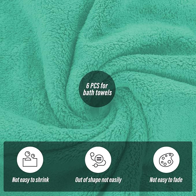 MOONQUEEN 6 Pack Premium Bath Towel Set - Quick Drying - Microfiber Coral Velvet Highly Absorbent Towels - Multipurpose Use as Bath Fitness, Bathroom, Shower, Sports, Yoga Towel (Aqua Green) - Image 4