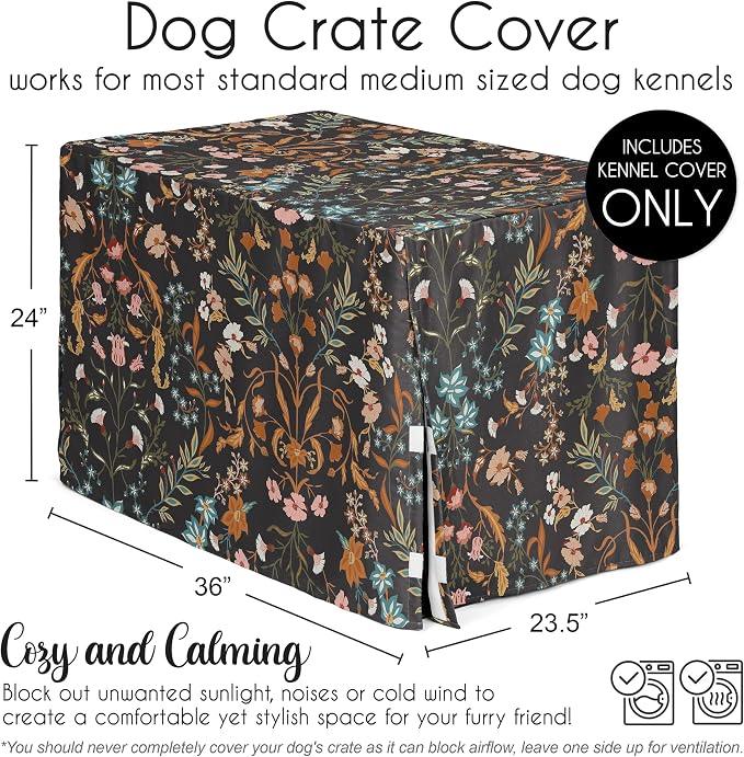 Sweet Jojo Designs 36in. Medium Dog Crate Cover (Black Boho Wildflower) Pet Cage, Kennel Covers (Vintage, Floral, Leaves, Botanical, Paisley, Flower, Bohemian, Farmhouse, Orange, Teal Blue, Turquoise) - Image 5