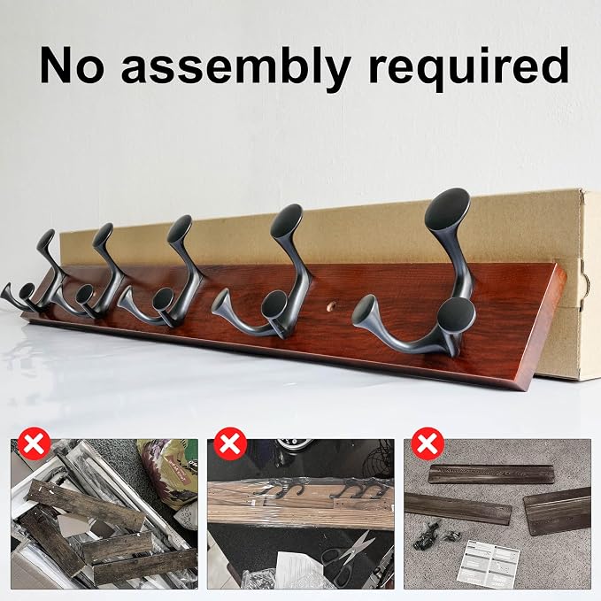 SKOLOO 30-Inch Cherry Wood Coat Rack Wall Mount with 5 Triple Hooks - Ideal for Family Entrances, Classrooms, and Pet Supplies Storage - Perfect Coat Hooks for Wall - Image 5