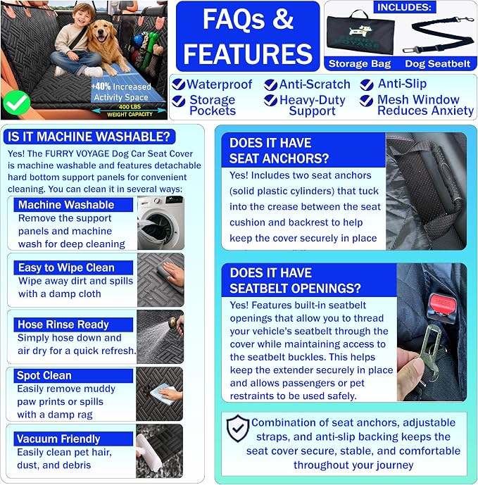 Dog Car Seat Cover for Back Seat with Hard Bottom, Back Seat Extender for Dogs, Waterproof Dog Hammock Holds 400Lbs, 600D Oxford Fabric Anti-Scratch Nonslip Pet Seat Protector - Image 8