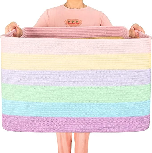 MINTWOOD Design 112L Extra Large Blanket Basket Holder Living Room, 25"x17"x16" Rectangle Rope Woven Storage Basket with Handles for Laundry, Towels, Shoes, Dog Toy Organizer Bin Box, Pastel Rainbow by MINTWOODDesign