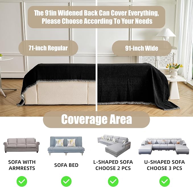 Couch Cover for Dogs Washable Sofa Cover, Sectional Couch Covers, Sofa Covers for 2 Cushion Couch, Non Slip Stripe Sofa Slipcovers Furniture Protector (Black 91x102) - Image 3