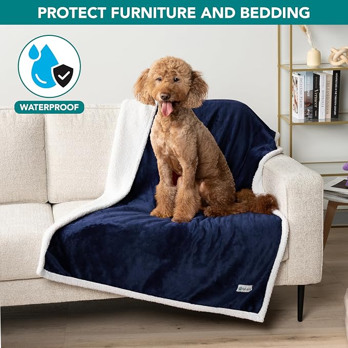 PetAmi Waterproof Dog Blanket for Couch, Large 60x40, Pee Proof Sherpa Fleece Reversible Pet Throw, Furniture Protector for Bed Sofa Kennel, Soft Washable Cover for Medium Dogs Cats, Navy Blue - Image 2