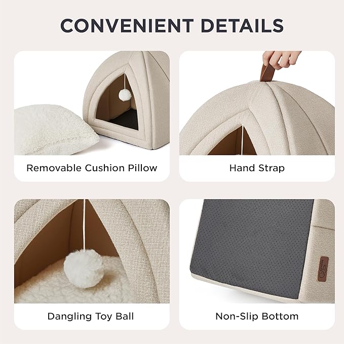 Bedsure 2in1 Cat Beds for Indoor Cats Cave for Kitten with Washable Pillow | 16in, Cat House for Small Pet, Covered Cat Tent, Foldable Hideaway, Fluffy Ball, Anti Slip Bottom, Removable Cushioned ,Beige - Image 4