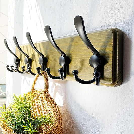 Dseap Wall Mount Coat Hanger - Heavy-Duty Robust Barnwood-Style Wooden Hook Rail with 5 Triple Hooks for Winter Coats, Hats, Jackets, Weathered Green & Black by Dseap