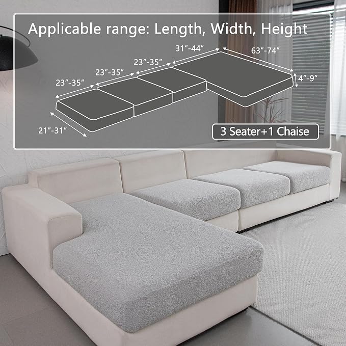 OHSIO Couch Cushion Covers for Sectional Sofa, Stretch Soft Sofa Slipcovers Washable Wear-Resistant Universal Furniture Protector for Living Room(3 Seaters Covers+1 Chaise Cover, Light Gray) - Image 2