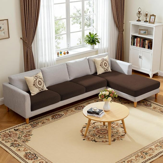 Hokway Chaise Cover and Couch Cushion Covers Set, Separate Sectional Sofa Cushion Slipcovers, Reversible Cushion Protector for L-Shaped Sofa(3 Pieces for Seater & 1 Piece for Chaise, Chocolate) by Hokway