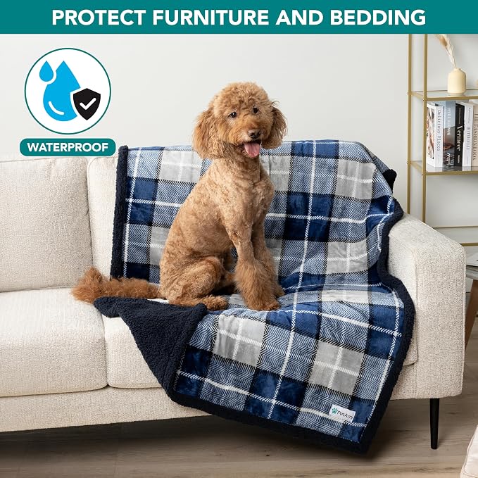 PetAmi Waterproof Dog Blanket for Couch, Large 60x40, Pee Proof Sherpa Fleece Reversible Pet Throw, Furniture Protector for Bed Sofa Kennel, Soft Washable Cover for Medium Dogs Cats, Plaid Blue - Image 7