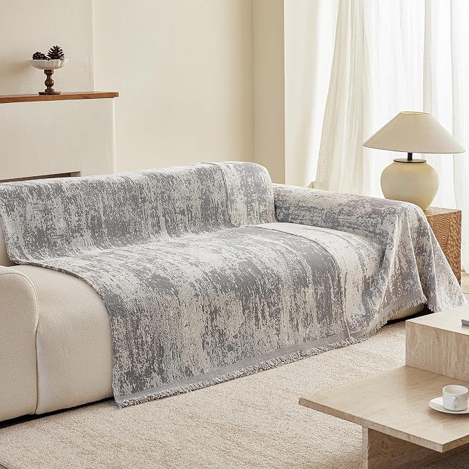 VClife Boho Couch Cover, Non Slip Soft Couch Covers for 2 Cushion Couch Sofa Pet Friendly, Irregular Vintage Light Grey Off-White Scraped Texture Furniture Protector Slipcover for Dog, 71" X 118" - Image 8