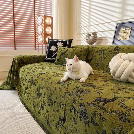 ROOMLIFE Green Sofa Cover, Vintage Boho Couch Cover for 3 Cushion Sofa, Non Slip Soft Chenille Sofa Slipcovers for Dog, Washable Furniture Sofa Protector Cover with Tassel for Living Room, 71''X118” by ROOMLIFE