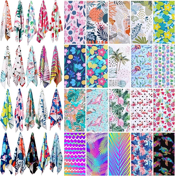 Newwiee 20 Pack Oversized Beach Towels Bulk 28 x 59 Inch Microfiber Quick Dry Sand Resistant Pool Towels Set Absorbent & Lightweight Assorted Vibrant Patterns Travel Blanket for Bath, Swim, Outdoor by Newwiee