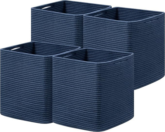 joybest 11inch Cube Storage Bins, Cotton Rope Woven Organizer Basket | Set of 4 Cube Bin Square Shelves Organizer Closet Storage, Nursery, Toy Organization, Navy Blue by joybest