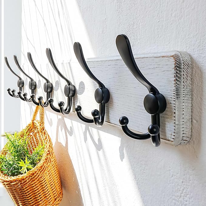 Dseap Coat Rack Wall Mounted - 24" Long 6 Tri Hooks, Heavy Duty Wooden Wall Coat Hanger Coat Hook for Clothes Hat Jacket Clothing, White and Black - Image 2