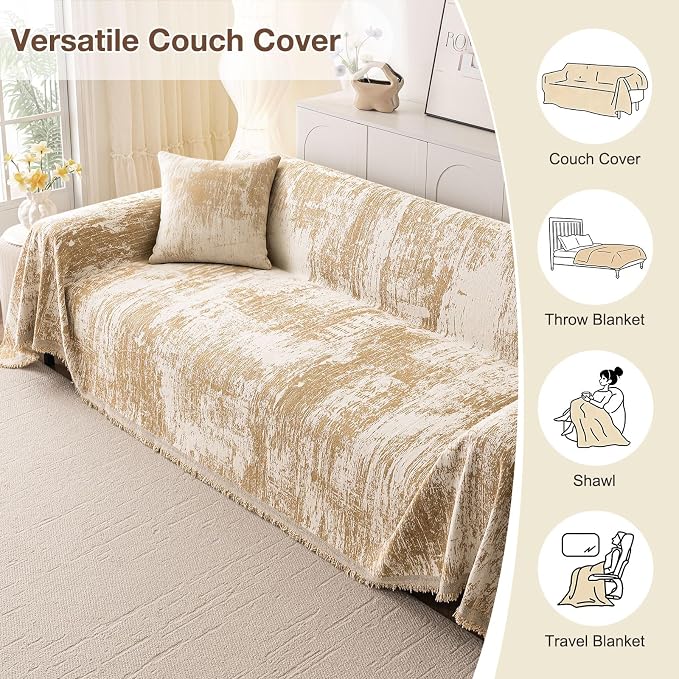 hyha Couch Cover for Dogs, Boho Chenille Sofa Cover for 3 Cushion Couch | Anti-Scratch Washable Sofa Slipcover, Loveseat Sectional Couch Throw Blankets with Tassels (Khaki/White, 88.5x118 Inch) - Image 6