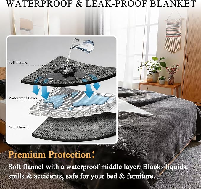 JUIN Waterproof Dog Blanket for Bed: Queen Size Water Proof Blanket, Gray | 100% Waterproof, Soft Double-Sided Flannel, Queen Size 90" x 90", Pet & Bed Protection, Machine Washable - Image 3