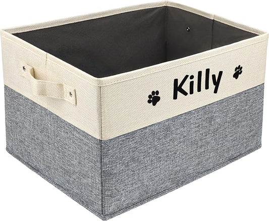 PET ARTIST Personalized Dog Toy Bin for Dog Toys Accessories - Foldable Dog Toy Basket Storage Box for Pet Toys,Dog Coat, Upgrade Grey, M:15''(38cm)*11''(28cm)*9''(23cm) by PETARTIST